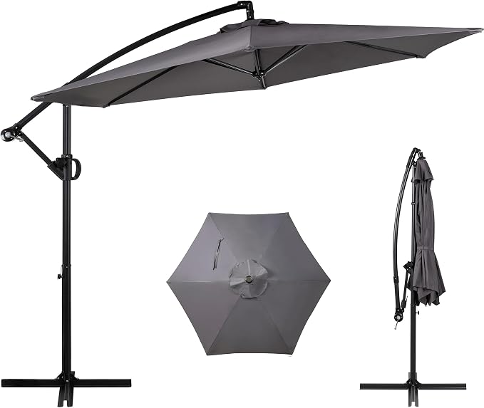 Shintenchi Offset Patio Umbrella with Easy Tilt Adjustment,Crank and Cross Base, Outdoor Cantilever Hanging Umbrella, Sunshade Free Standing Canopy, Dark Gray