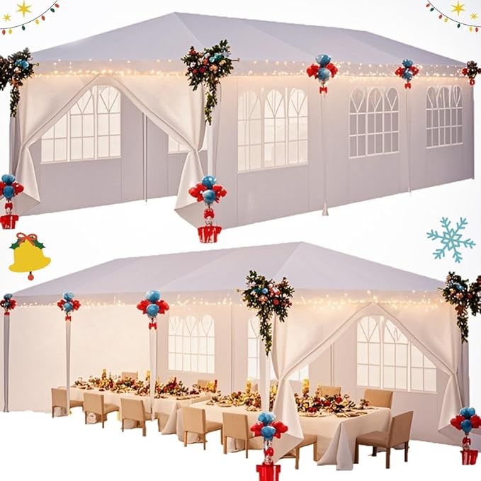 HOTEEL 10x30 Party Tent, 300 Sq Ft Outdoor Canopy with 8 Removable Sidewalls, 2 Zipper Doors, 16 Ropes and 36 Stakes, Carpas para Fiestas for Wedding BBQ Backyard Event, White