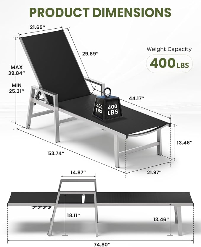 Vexwalx Patio Chaise Lounge Chair Outdoor with Wheels&Armrests, Aluminum Pool Lounge Chairs 5-Position Adjustable Recliner, Outdoor Beach Lounge Chairs for Poolside, Patio, Deck, Yard, Black