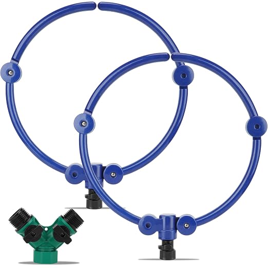 2Pcs 360° Tree Water System Tree Watering Ring 13 Inch Circle Sprinkler and Irrigation System Targeted Water with Y Hose Splitter for New Tree Outdoor Plants Raised Garden Beds Shrubs (Blue, Small)