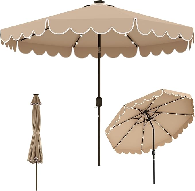 Tangkula 10FT Solar LED Patio Umbrella, 2-Tiers Scalloped Outdoor Table Market Umbrella with 24 LED Lights, Vented Top, Tilt Adjustment, Crank, 8 Ribs for Backyard Poolside Deck Beach Lawn (Coffee)