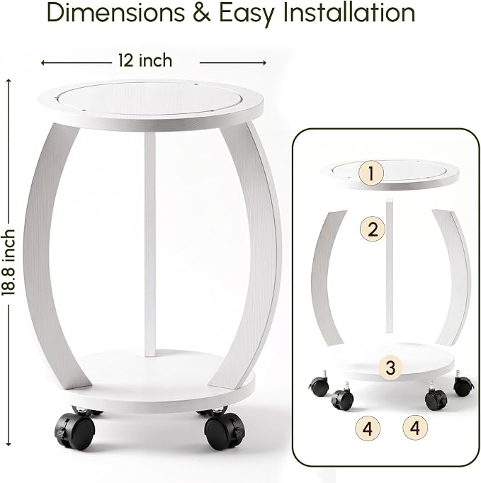 2 Tier Wooden Plant Stand Indoor with Wheels – Tall Plant Stand for 6-12 Inch Pots, Mid-Century Modern Rustic Plant Table Indoor, Pedestal Stand for Corner, Living Room, Balcony, White