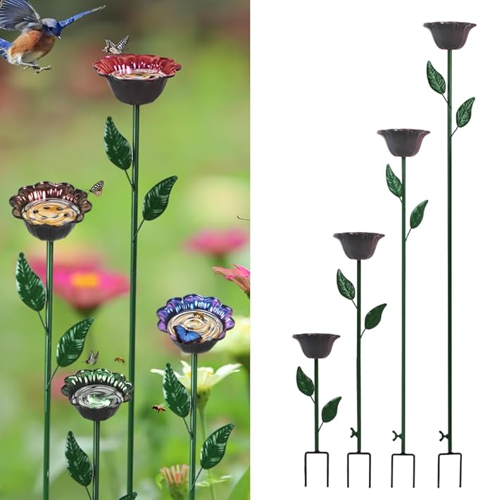 DREAMSOUL 4 Pack Bird Bath with Bee Feeder, Metal Flower Bird Baths Bee Watering Station for Garden Yard Decor (Red, Brown, Purple, Green)