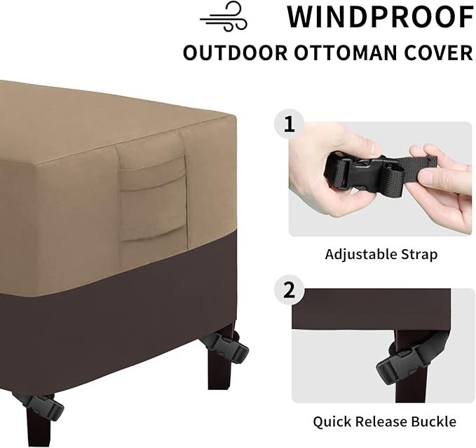 Easy-Going Outdoor Ottoman Cover, Waterproof Patio Ottoman Cover, Heavy Duty Outdoor Furniture Cover with Padded Handles (34"x24"x17", Camel/Dark Brown)