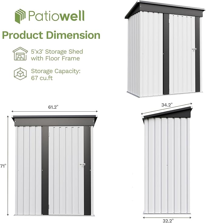 Patiowell 5x3 FT Storage Shed with Floor Frame, Small Metal Garden Sheds with Sloping Roof and Lockable Door, Waterproof Steel Patio Tool Shed for Backyard Garden Lawn, White