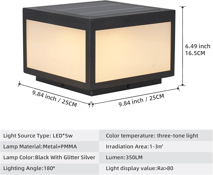 Solar Post Lights Outdoor Pillar Light,Solar Cap Column Lighting LED Square Deck Cap Lamp for Flat Surface Patio Garden Decoration, Stainless Steel Lamp Post Dusk to Dawn with IP65 Waterproof（10"x10"）