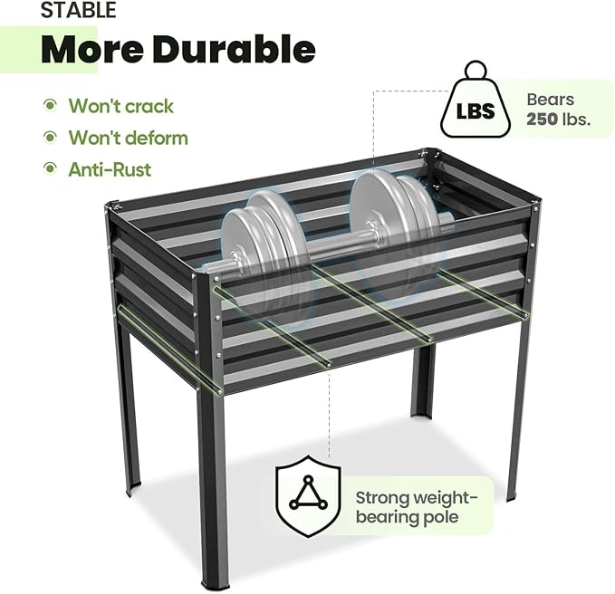 KING BIRD Raised Garden Bed with Legs Galvanized Elevated Planter Box for Backyard, Patio, Balcony, 33.9x17.6x31.5 in, Dark Gray