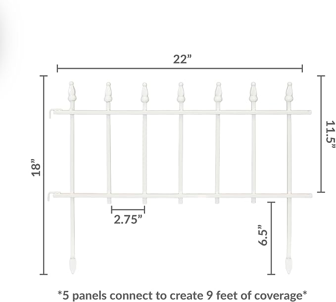 Sunnydaze Decorative Garden Fence Border - 22 in W x 18 in H No Dig Metal Edging for Flower Beds, Yard, Lawn, Pathways and Landscaping - Roman Finial Design - 9ft - 5 Panels - White