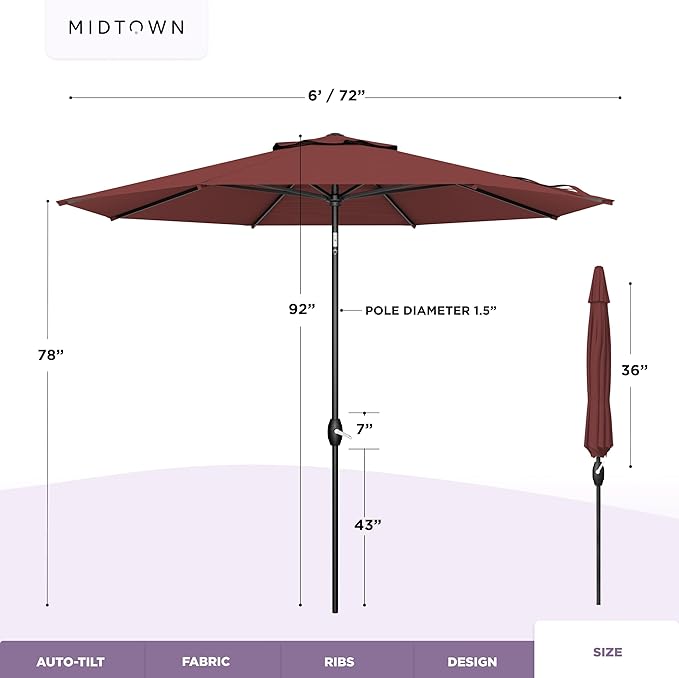 Midtown Umbrellas - 10-Year-No-Fade 6 Ft Patio Umbrella with Terylast Fabric, Auto-Tilt Aluminum Frame and 8 Reinforced Ribs for Deck, Pool, Garden & Beach - Burgundy Canopy, Black Pole