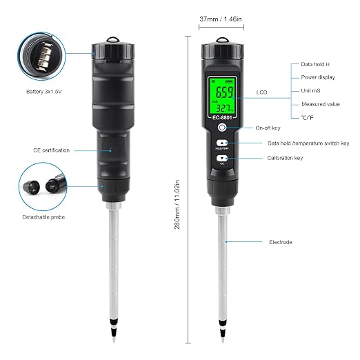 2 in 1 Soil Tester, Digital EC Temperature Meter with Detachable Probe, Portable Soil Meter for Greenhouse Horticultural Planting