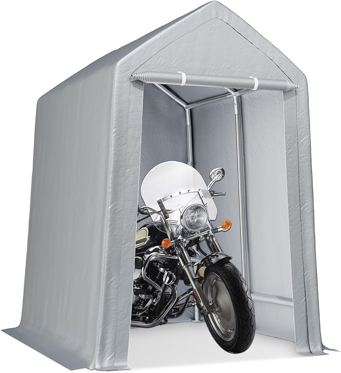 6'x8' Heavy Duty Grey PE+Steel Carport, Waterproof Windproof Storage Tent with Roll Up Zipper Door