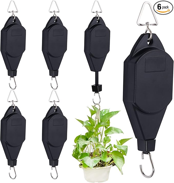 SUMERSHA 6 Pack Plant Pulley Hanger Retractable Plant Hanging Basket Hooks Adjustable Rope Heavy Duty Plant Hanging Pulleys for Garden Baskets Pots, Black