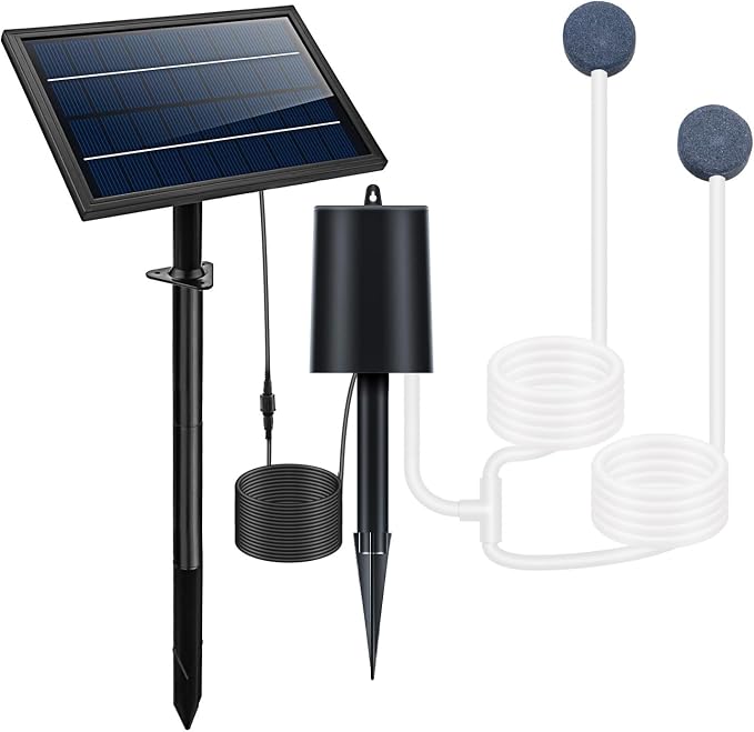 Lewisia 8W Solar Pond Aerator with Built-in 2400mAh Battery Backup, 3 Working Modes, 2 Air Stones, Solar Powered Air Pump for Pond Fish Tank Hydroponics Bubble Oxygenator