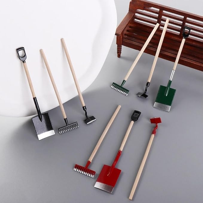 3Pcs Miniature Garden Tools 1:12 Mini Shovels and Rake Farm Tools Fairy Garden Furniture Dollhouse Accessories (Red)