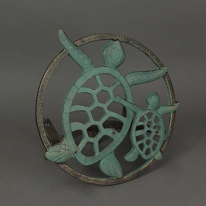 Zeckos Verdigris Bronze Finish Cast Iron Sea Turtle Decorative Wall Mounted Hanging Garden Hose Hanger - 12 Inches Diameter - Ocean-Inspired Hose Holder Décor