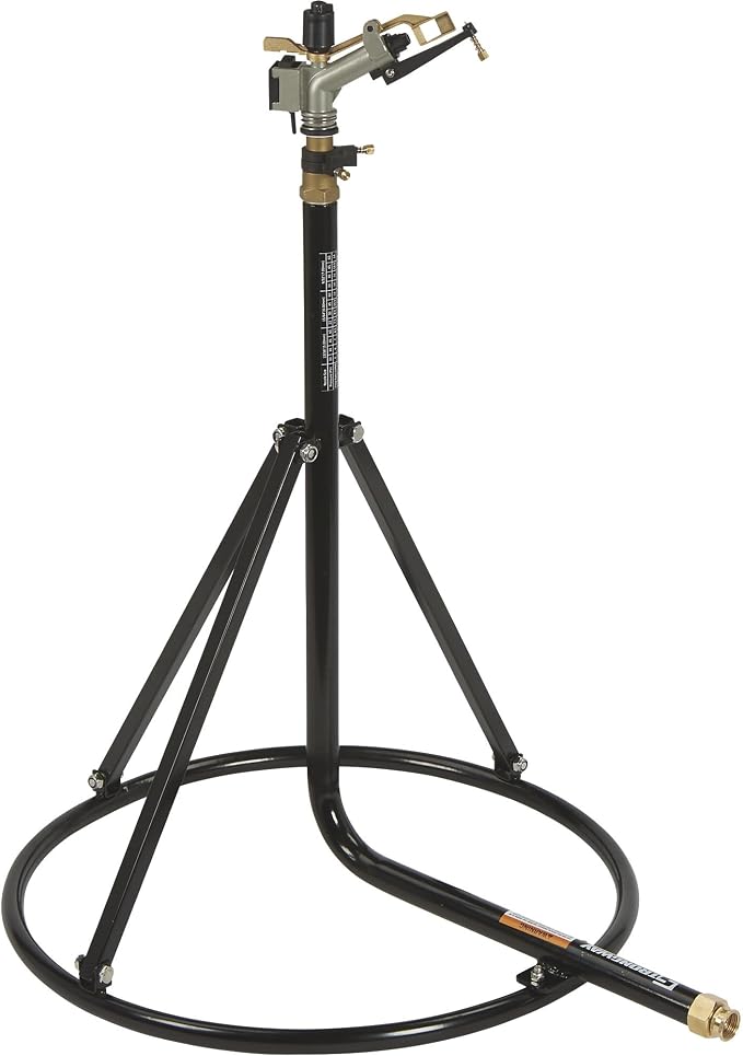 Strongway Tripod Sprinkler with Round Base, 1 in. Brass Head with 3 Nozzles, 120 Ft. Diameter Coverage, 11000 Sq. Ft., 7-14 GPM, Adjustable Full and Partial Circle, for Lawn, Farm and Garden