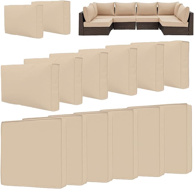 HOMREST 14-Piece Outdoor Cushion Covers Set for Patio Furniture, Reversible Double-Sided Sofa Slipcovers with Zipper, Water-Repellent Replacement Covers Only (Khaki, 25.6×25.6×3.9in)