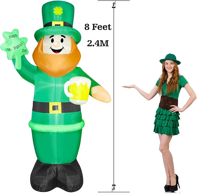 8 FT St. Patrick's Day Inflatable Leprechaun, Blow up Leprechaun Holds Shamrock and Beer Cup Outdoor Decoration with LED Lights, Perfect for Yard Garden Lawn Front Door Holiday Decor