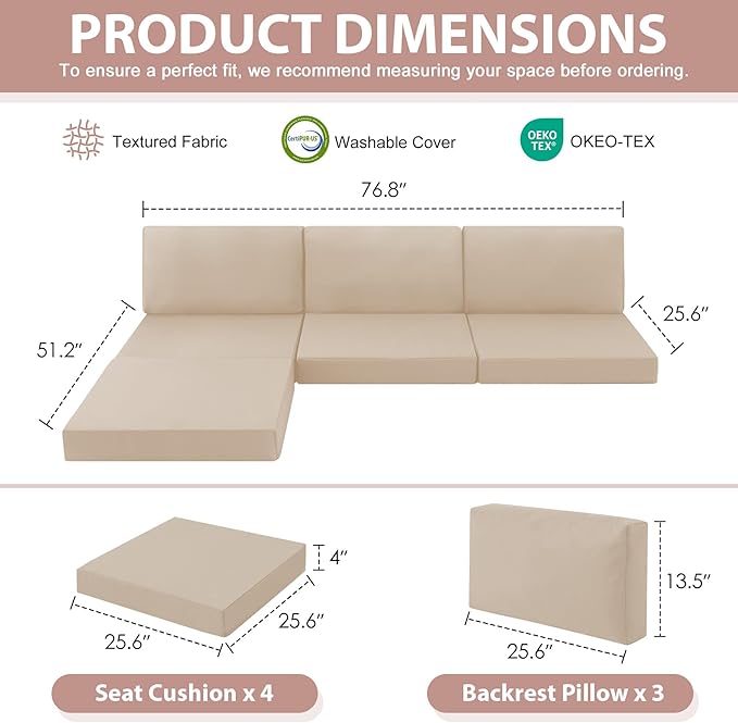 7-Piece Patio Furniture Cushions Set, Replacement Outdoor Cushions for 4-Seat Patio Sectional, Waterproof & Fade Resistant Deep Seat Cushion for Outdoor Sofa, Beige