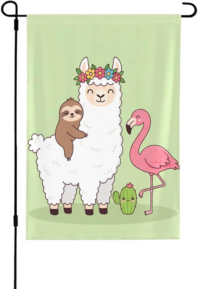 Delerain Llama Sloth Flamingo Garden Flag, 12.5 x 18 Inch Double Sided Design Weather Resistant Indoor & Outdoor Decoration Small Banner for Home Yard Lawn Patio Office