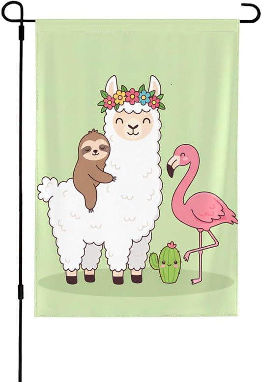 Delerain Llama Sloth Flamingo Garden Flag, 12.5 x 18 Inch Double Sided Design Weather Resistant Indoor & Outdoor Decoration Small Banner for Home Yard Lawn Patio Office