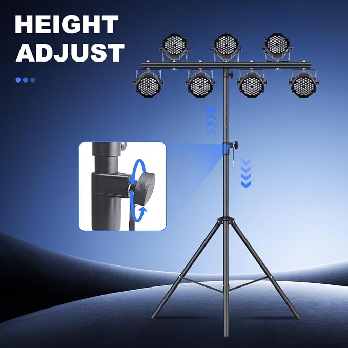 DJ Lights Stand with Round T Bar, Heavy Duty Par Can Tripod for 7 Lights Stage Light Stand Adjustable Height 55-100 Inch, DJ Lighting Suitable for Stages, Bar, Banquet, Party