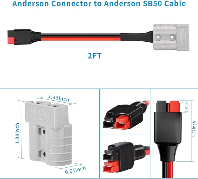 ELFCULB 10AWG 2FT Battery Quick Connect/Disconnect to Anderson Extension Cable, Anderson SB50-PP45 Amp Connector Cable for Solar Portable Gennerator Battery Power Transfer
