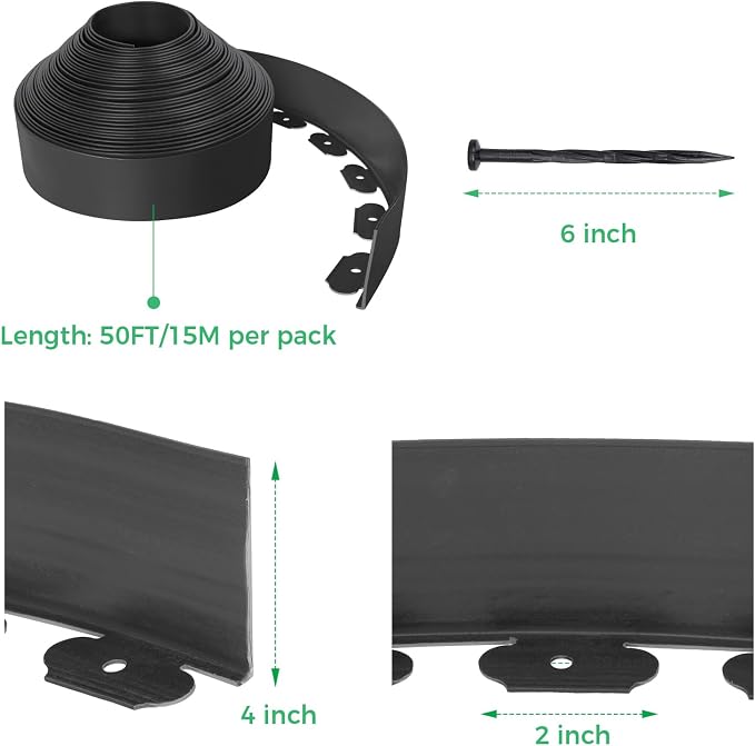 4-Inch x 50 FT Landscape Edging Border with 75 Spikes, Garden Edging Lawn Border Kit, Plastic Edging Border Flexible for Garden Flower Beds Lawn Yard Pathway Paver Edging (Black)