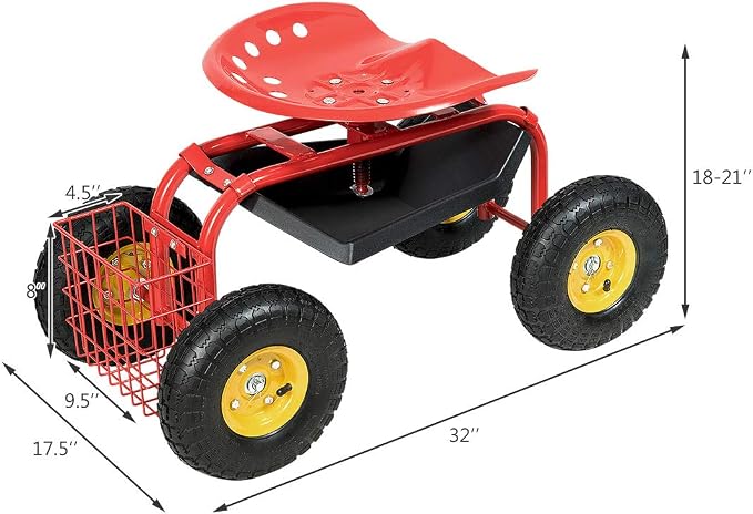 IRONMAX Garden Cart with Seat, Heavy Duty Gardening Work Stools w/Height Adjustable Seat & 10’’ Large Wheels, Rolling Garden Scooter for Outdoor Lawn Yard Planting (Red)