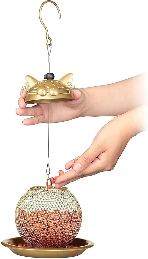 CEDAR ALPHA Cat Grandpa Wild Bird Feeder Squirrel Proof Hanging Bird Feeder for Outside, Peanut and All Kinds of Seeds,Yard Garden Decor,Set of 2, Color: Gold