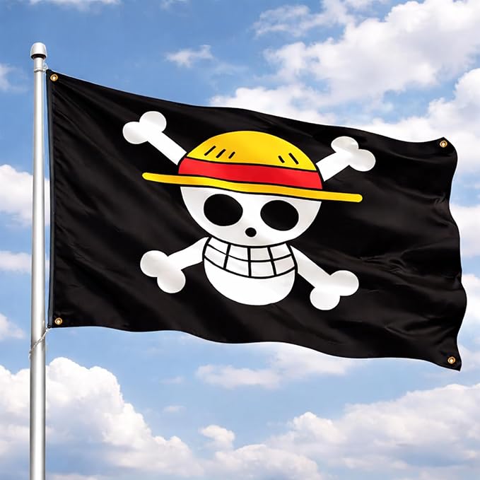 5x3 FT Multicolor Anime Style Pirate Flag with Luffy's Straw Hat Skull Design for Halloween Decor, Japanese Theme Party, Room Decoration