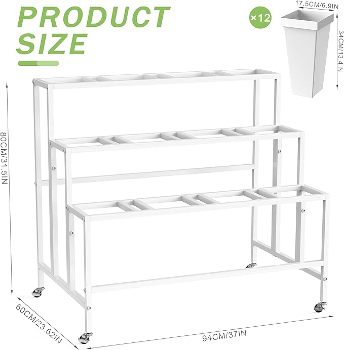 VGMiu Flower Display Stand with 12 Buckets, Flower Cart 3 Layers White Metal Flower Bar Stand with Wheels, Moving Florist Bouquet Shelf for Weddings Florist Indoor Outdoor Patio Garden Living Room