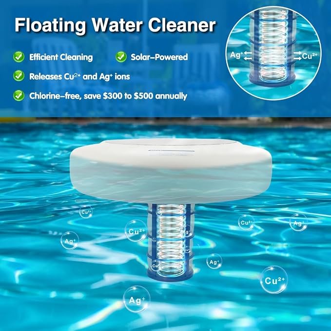 Solar Pool Ionizer for Above Ground & Inground Pools Up to 45,000 Gallons – Floating Pool Water Cleaner with Thick Copper Anode & Oversized Solar Panel, Easy Pool Maintenance, Low-Maintenance Design