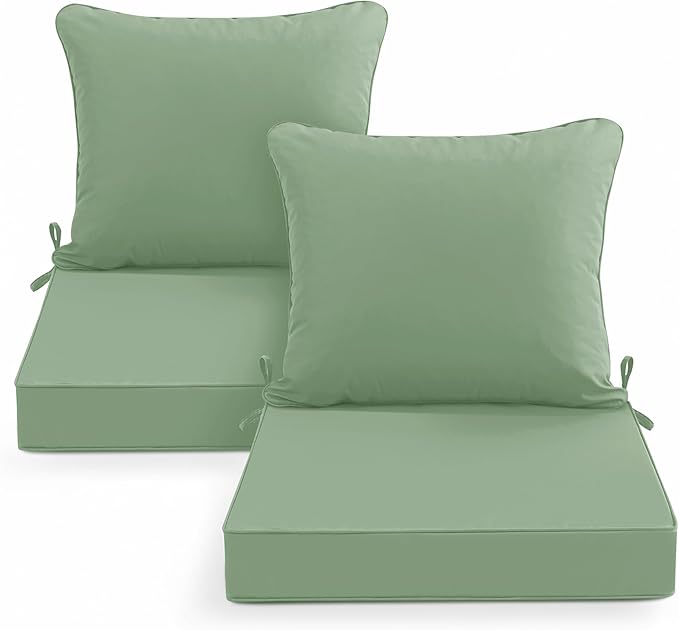Summsun Waterproof Outdoor Patio Cushions with Removable Cover, Fade Resistant Back Pillow and Seat Cushion Set for Yard Porch Garden, 19 x 19 Inch, Sage Green, Set of 2