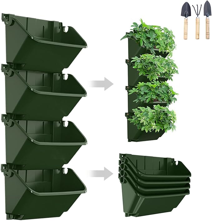 Vertical Wall Planter, 4 Packs Self Watering Wall Planters for Indoor with 3 Pcs Garden Tool Set Vertical Planter Tower for Strawberry Flowers Herbs, 12.9''x5.5'' x26.7''