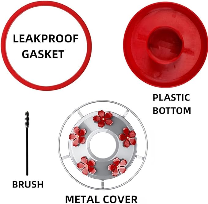 WOSIBO Hummingbird Feeder Replacement Bottom Base Replacement Part Includes Red Plastic Base Metal Top and Brushes (Silver-1)