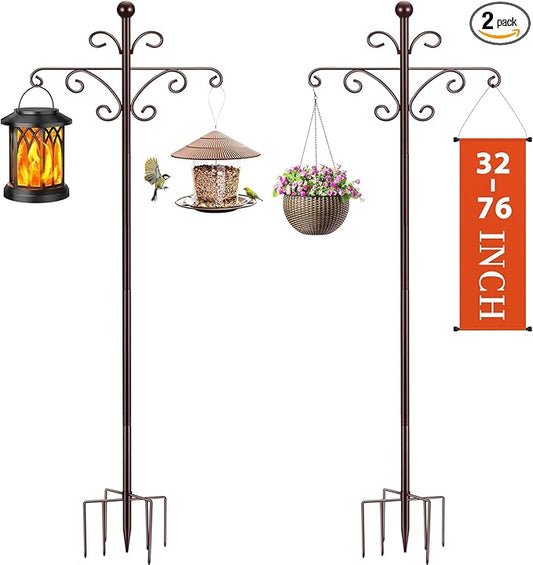 Bird Feeder Pole for Outdoors Heavy Duty Squirrel Proof, 2 Pack 76 Inch Adjustable Tall Shepherds Hooks for Outdoor with 7 Prongs Base, Double Shepherd Hooks (2 Pack Copper, 76 Inch)
