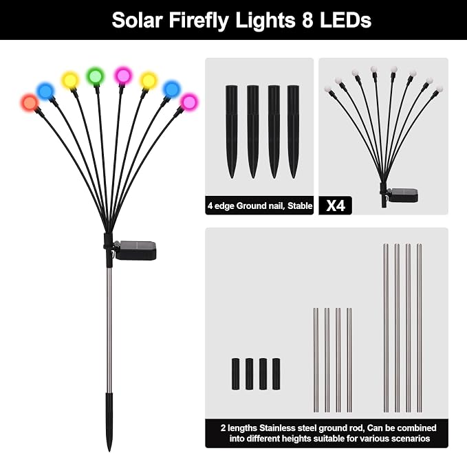 Solar Firefly Lights Outdoor Waterproof,8 Mode RGB Color Changing Firefly Swaying Solar Lights Stakes for Outside Christmas Holiday Yard Patio Plant Landscape Garden Decor 4 Pack(Multicolor)