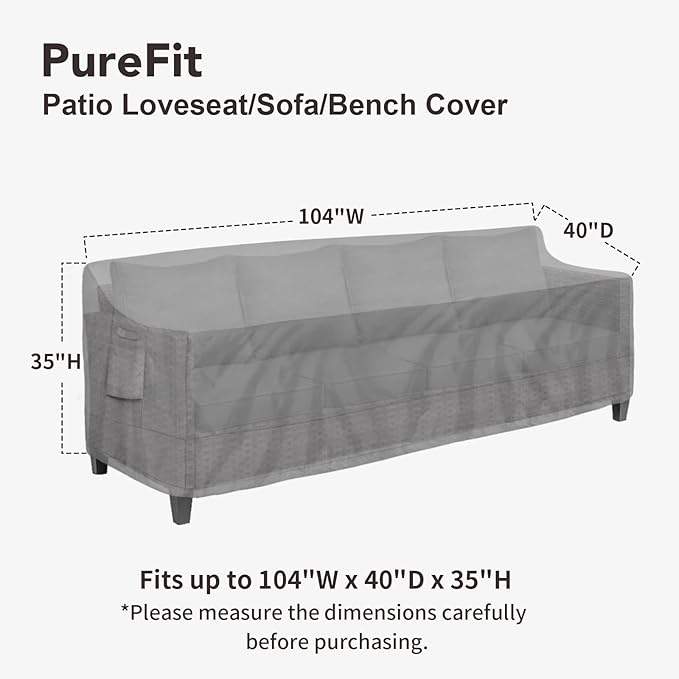 PureFit Outdoor Couch Cover Waterproof Patio Sofa Furniture Covers, 4-Seater Outdoor Cover with Air Vent and Handles, 104W x 40D x 35H Inches, Gray
