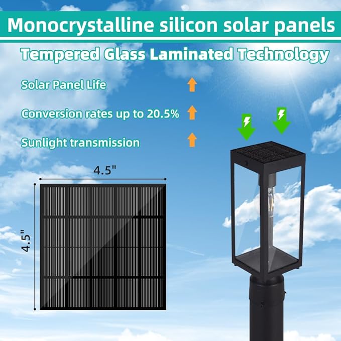 Solar Lamp Post Light Outdoor 14.5", Waterproof Dusk to Dawn Solar Post Light, Matte Black, for Yard Garden Driveway Patio