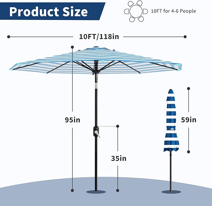Garvee 10 ft Outdoor Patio Umbrella 8 Sturdy Ribs Outdoor Table Umbrella with Crank Lift & Push Button Tilt UV Protection Waterproof Market Umbrellas for Pool, Deck, Yard, Garden, Blue Stripes