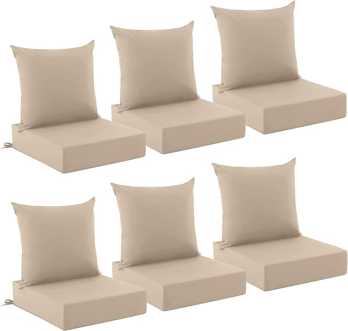 Outdoor Cushions for Patio Furniture, Outdoor Seat Cushion Set 24 x 24 x 5.75 in, Waterproof & Fade Resistant Outdoor Chair Cushions, Patio Chair Cushion with Removable Cover, Set of 6, Beige