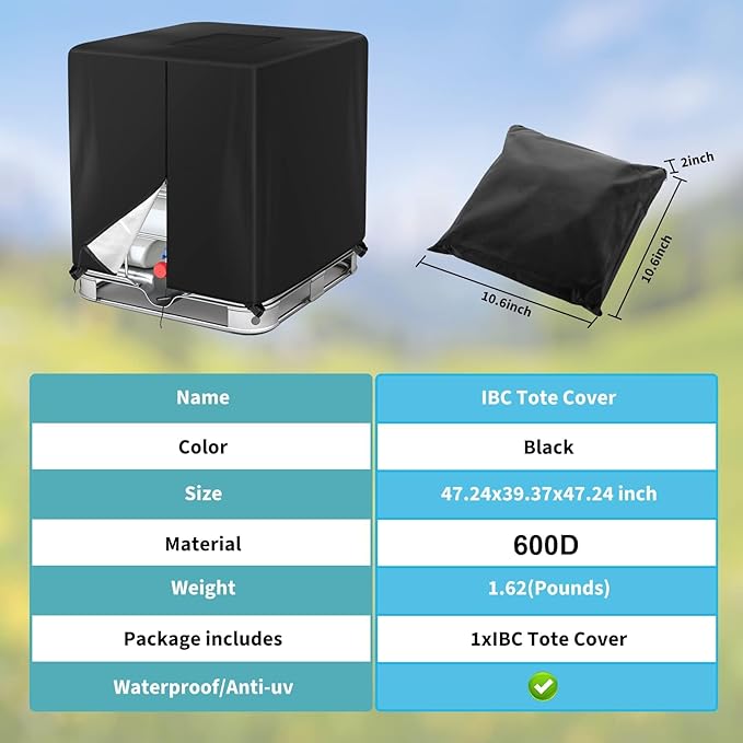 275 Gallon 600D IBC Tote Cover, 1000L, Zipper, Outdoor Water Tank Protective Cover, Black