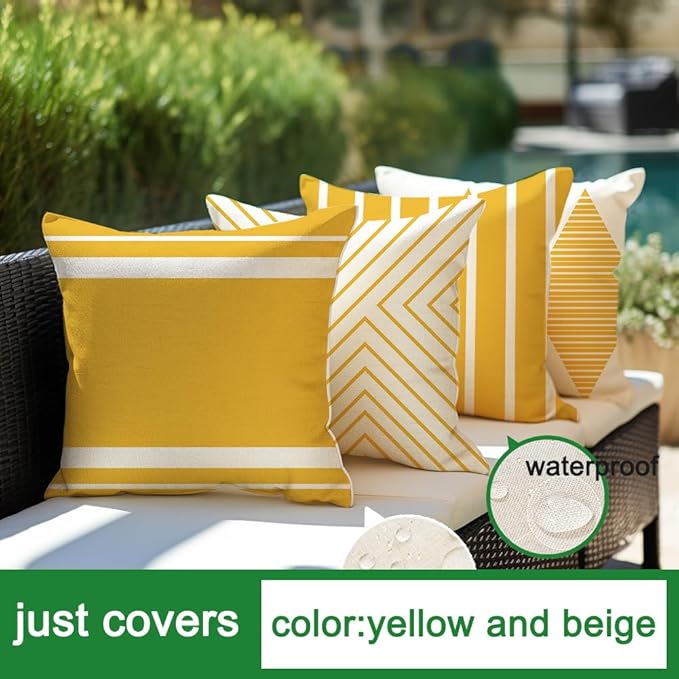 RABUSOFA Yellow and White Outdoor Pillows Waterproof,18x18 inch Boho Summer Outdoor Pillow Covers Set of 4 for Patio Furniture Sunbrella (2Y-18) (18"x18")