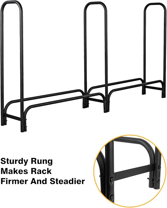 GASPRO 8FT Firewood Rack Outdoor with Cover, Adds Sturdy Middle Upright, Heavy Duty Steel Log Rack Wood Holder, Easy to Assemble