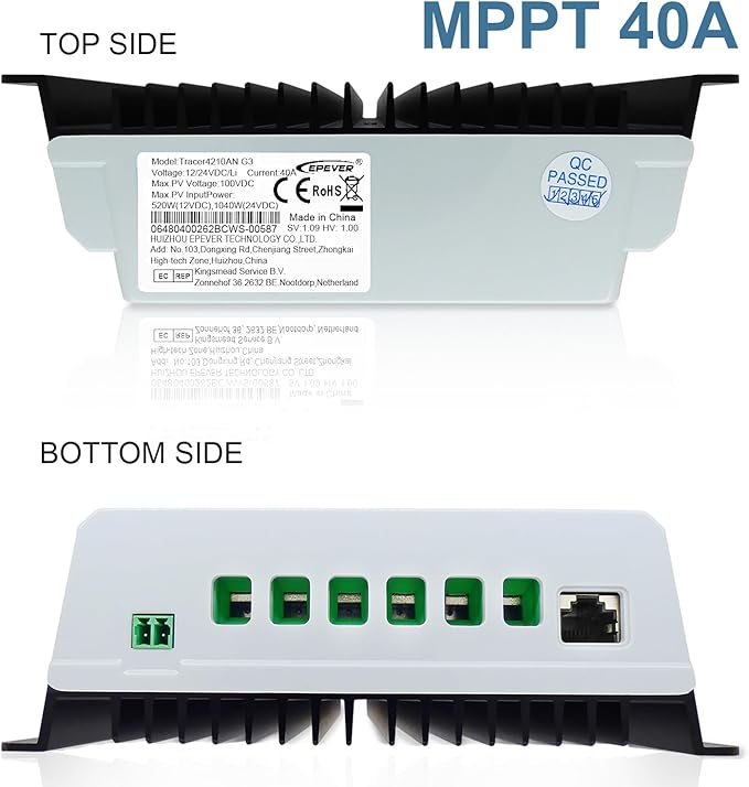 EPEVER MPPT Solar Charge Controller 40A 12V 24V Auto Max PV 100V Solar Panel Regulator Common Negative Ground LCD Display Tracer4210AN G3 for Gel Flooded Sealed LiFePO4 Lithium Battery (40A MPPT)