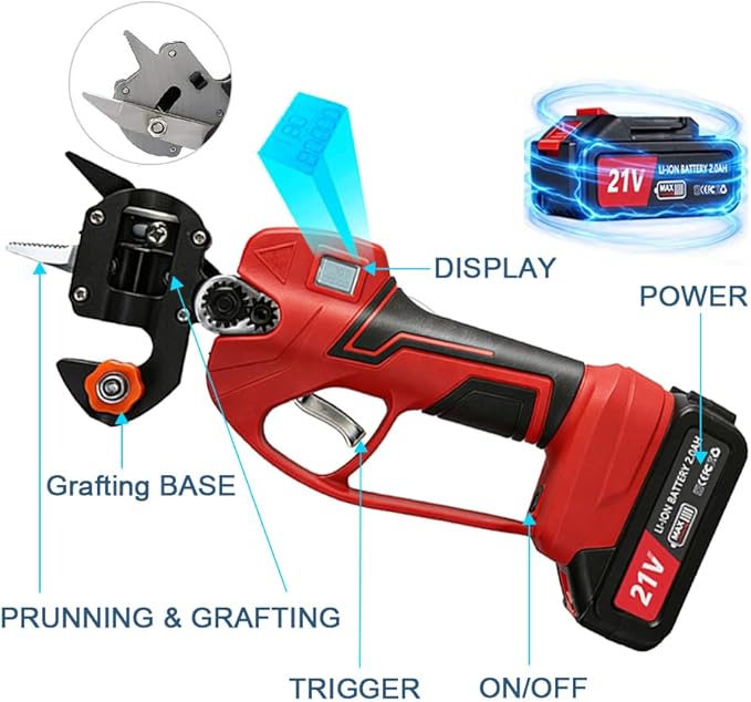 Electric Pruning Shears Cordless 2-in-1 Grafting Tool Kit, 3 Replaceable Cut Blades (Ω/U/V), 2×2000mAh Batteries, LCD Display Power Grafting Tool for Tree Branch Garden (grafting & shear)