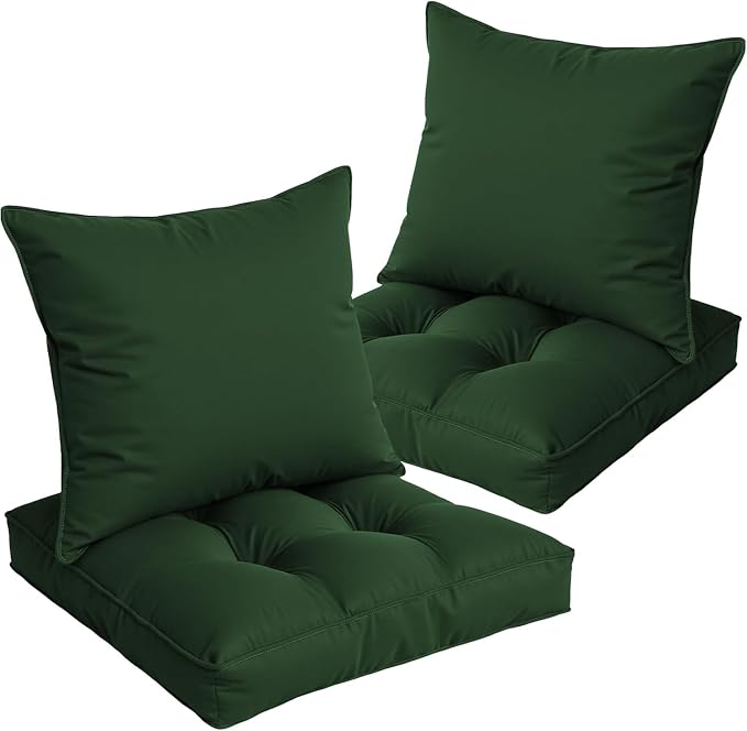 Waterproof Outdoor Chair Cushions Set of 2, Patio Cushions for Outdoor Furniture Water-Resistant & Fade-Resistant, Deep Seat & Back Cushion for Wicker Sofa, 22x22 Inch (Green)