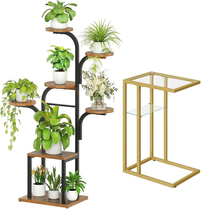 HOOBRO Plant Stand and End Table, 47.2" Tall Metal Plant Shelf, 7 Tiered Corner Plant Stand, C Shaped Side Table with Tempered Glass, 24.4’’ Small Side Table for Sofa, BF09DHJ01-GD08SF01