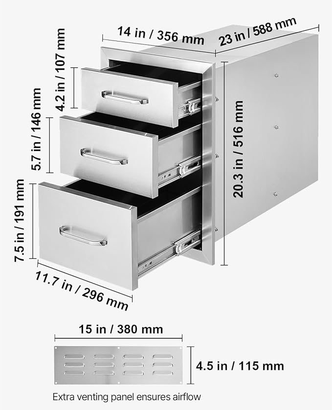 VEVOR 14x20.3 Inch Outdoor Kitchen Drawers Stainless Steel, Flush Mount Triple Drawers, 14W x 20.3H x 23D Inch, with Stainless Steel Handle, Outdoor Kitchens or BBQ Island